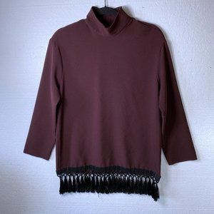 Zara Women's Size Small Burgundy High Mock Neck Tassel Fringe Hem Tunic Top